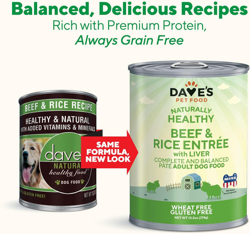 Dave's Pet Food Wet Dog Food (Beef & Rice) - Made in USA, Naturally Healthy, 13.2 oz Cans, Case of 12