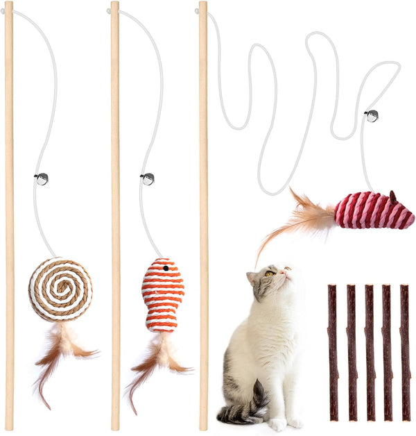 3-Pack Cat Wand Toys, 16-Inch Natural Wooden Teaser Wand with 5 Silvervine Sticks, Interactive Feather Wand for Indoor