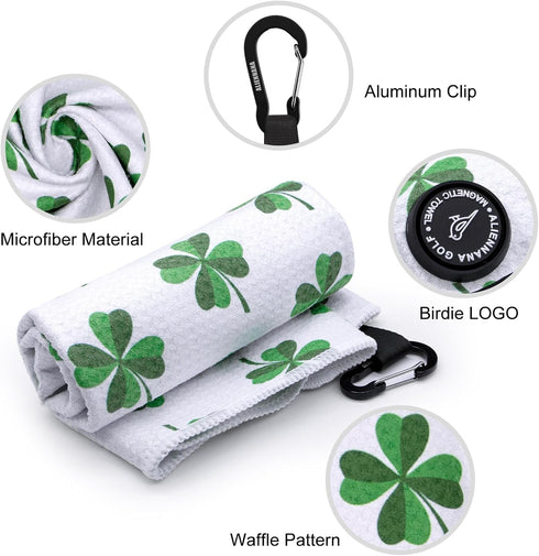 Magnetic Golf Towel with Clip, Microfiber Waffle Design - Strong Hold Magnet for Golf Bags, Carts, Clubs (Lucky Clover)