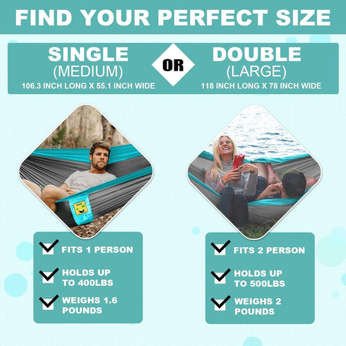 SZHLUX Camping Hammock Double & Single Portable Hammocks with 2 Tree Straps and Attached Carry Bag,Great for Outdoor,Indoor,Beach,Camping,Light Grey / Sky Blue by SZHLUX