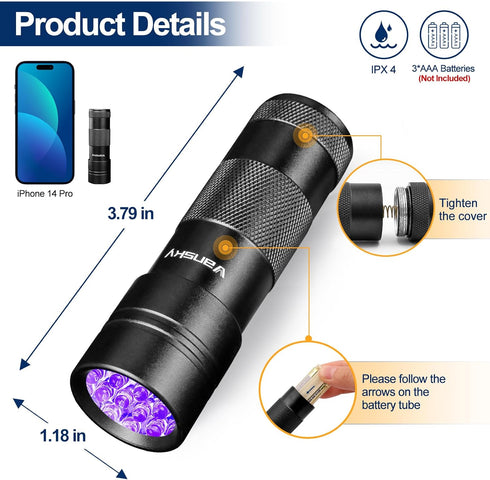 Black Light UV Light Flashlight, Vansky 395nm 12 LED 2 Pack, Mini Powerful Pet Urine Detector for Carpet Stains