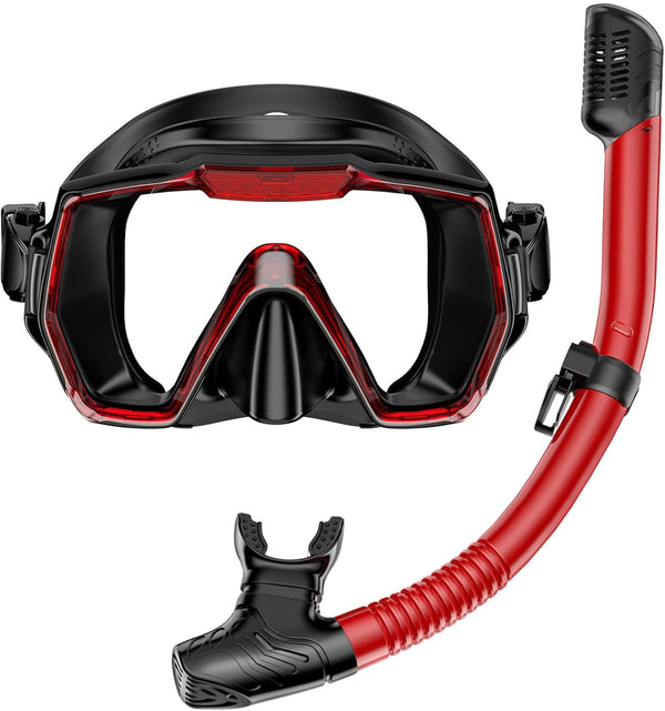Snorkel Set for Adults, Anti-Leak and Anti-Fog Tempered Glass Lens Snorkeling Gear