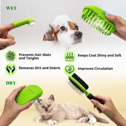 Pet Grooming Brush Set for Short/Long Haired Dogs, Cats – 4-Piece Kit with Double-Sided Pin Brush & Bath Brush