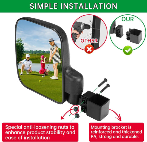 Golf Cart Mirror, Upgraded Installation for Square Tube Roll Cage Compatible with Club Car, Yamaha, EZ GO