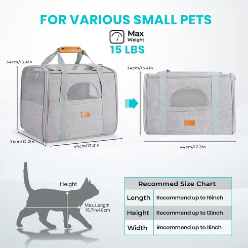 Morpilot Portable Cat Carrier, Soft-Sided for Medium Cats and Puppies up to 15lbs, Airline Approved, Light Gray
