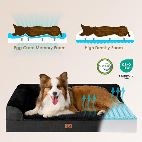 EHEYCIGA Memory Foam Dog Beds for Medium Dogs - Orthopedic Waterproof Egg Crate Couch Bed with Washable Cover, Black