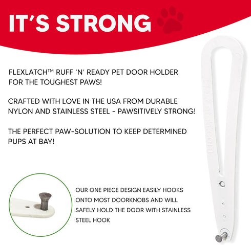 Bright White Cat Door Holder Latch - Fast Install Flex Latch Strap, Keeps Dogs Out of Litter & Food
