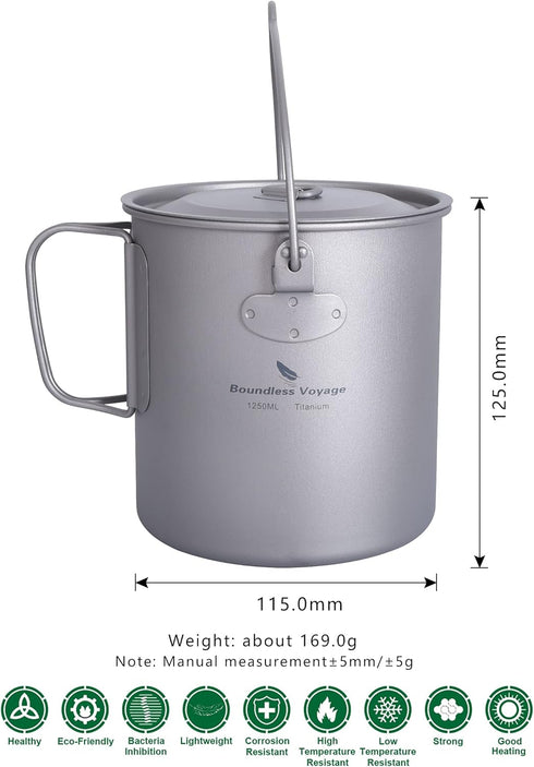Outdoor Titanium Pot with Lid, 750ml - 2900ml, Folding Bail Handle, Camping Hiking Picnic Set