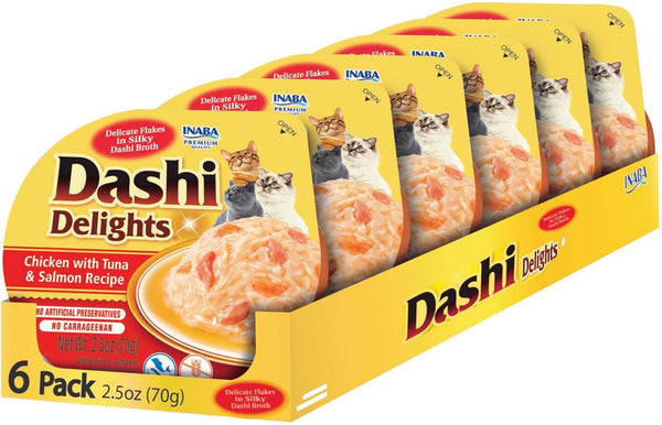 INABA Dashi Delights for Cats, Shredded Chicken with Tuna & Salmon Recipe, 2.5 Ounce Cup, 6 Cups Total with Bonito