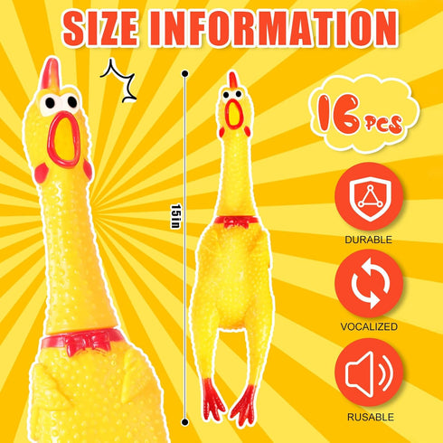 16 Pack Toy(15 Inch,Yellow) Sratte Screaming Chicken Toys Bulk Large Rubber Squeaking Chicken Toys for Pet Chew Gifts