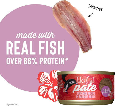 Tiki Cat Grill Pâté, Sardines, High-Protein, 100% Non-GMO Wet Cat Food for All Life Stages, 2.8 oz. Cans (Pack of 12)