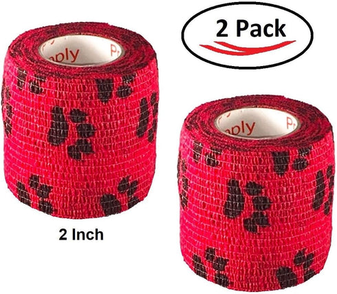 Vet Wrap Tape (Red with Paws) (2 Pack) (4 Inch x 15 feet) Self Adhesive Cohesive Flex Bandage for Pets