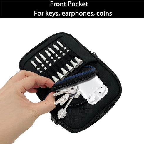 Golf Ball Bag Pouch with Front Tee Holder, Detachable Clip for 12-15 Balls, Zipper Pockets