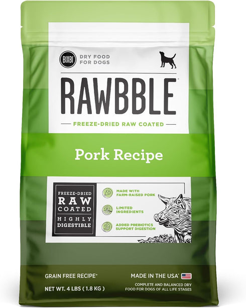 BIXBI Rawbble Dry Dog Food - Pork, 4 lbs, USA Made, No Meat Meal, Freeze Dried Raw Coated Dog Food