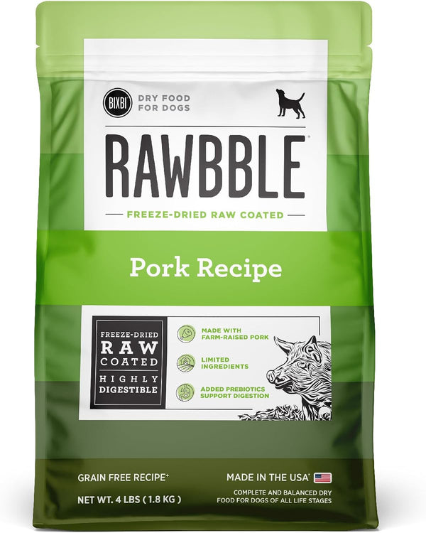 BIXBI Rawbble Dry Dog Food - Pork, 4 lbs, USA Made, No Meat Meal, Freeze Dried Raw Coated Dog Food