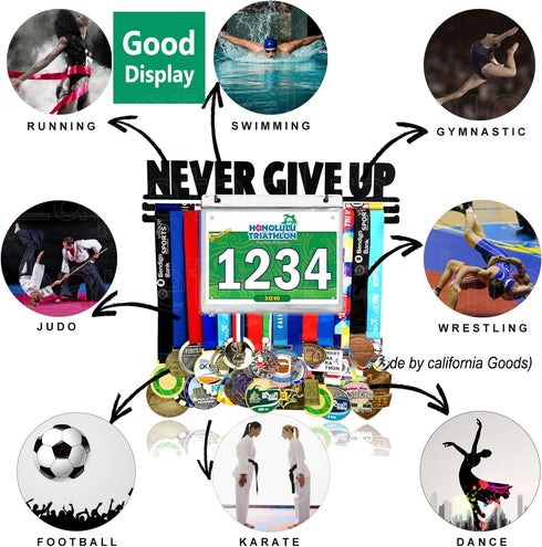 16" Never GIVE UP Race Bib Medal Hanger Holder Display Wall Rack in Long-Medal Hanger Awards Ribbon