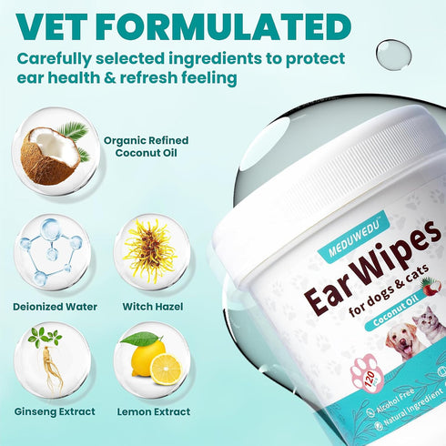 120 Counts, MEDUWEDU Ear Cleaner Wipes Dog Ear Cleaner, Grooming Kit Care for Dogs and Cats, Soft & Easy Otic Cleaning