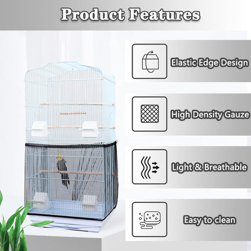 Bird Cage Seed Catcher - Adjustable Net Cover for Bird Cages, Seed Catcher Guard Net for Parrots and Macaws, Black