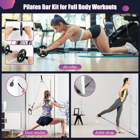 Pilates Bar Kit with Resistance Bands, Multifunctional Exercise Bar with Ab Roller for Weight Loss, Portable Home Gym