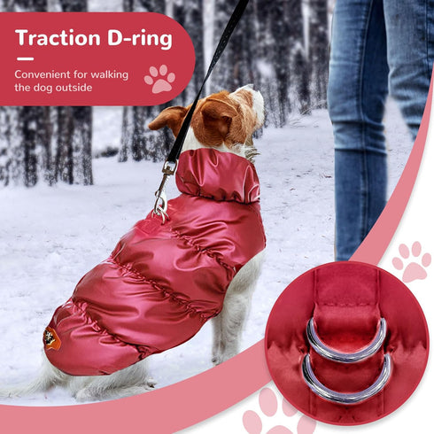 Winter Warm Dog Jacket for Small Medium Dogs Cat Cold Weather Coats with Harness Paded Dog Fleece Vest Waterproof Windproof Dog Snow Jacket Pet Puppy Clothes(Wine red,S)