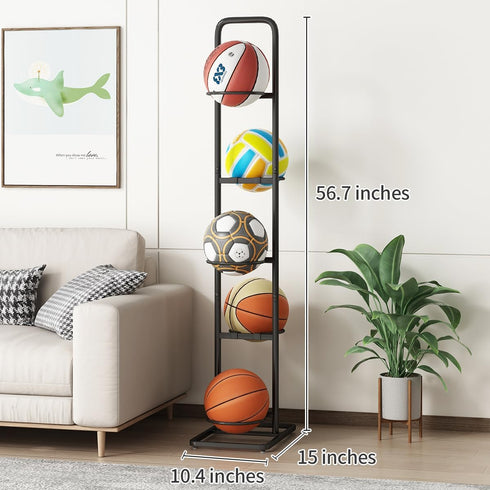Vertical Ball Storage Rack - Adjustable 5-Tier Sports Organizer Stand for Basketball, Soccer, Volleyball and More (56.7