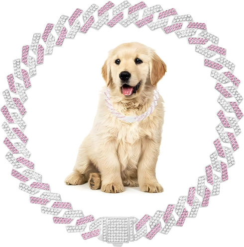 Pink Bling Dog Necklace, Diamond Cuban Link Collar for Small Medium Large Pets, Sparkly Glitter Design
