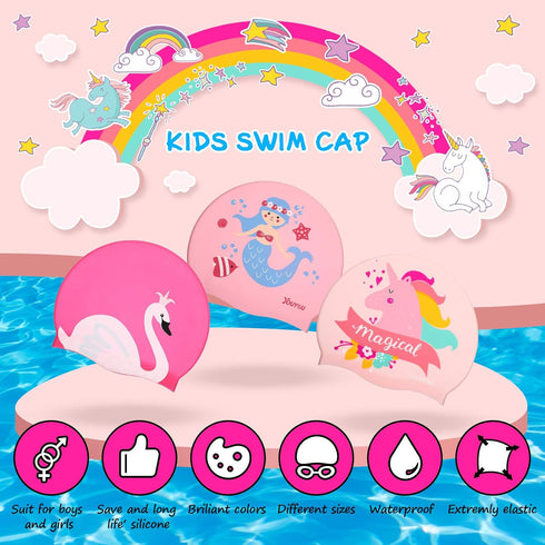 Syhood 3 Pcs Kids Swim Caps, Baby Waterproof Bathing Caps for Long Short Hair Boys Girls