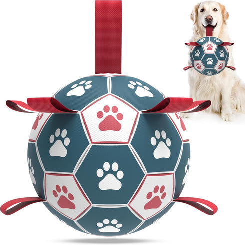 QDAN Extra Large Dog Toys, Soccer Ball with Straps, Interactive Tug of War Toy for Large Dogs - Blue & Red (9 Inch)