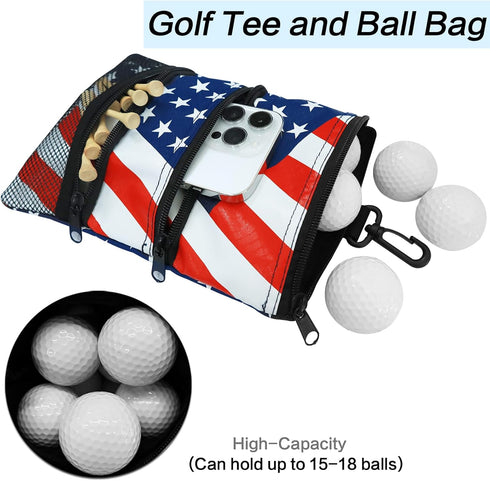 Golf Bag Accessories Valuables Pouch Bags - Multi Pocket Zipper Hook with 10 Pcs Wood Golf Tees for Men Women