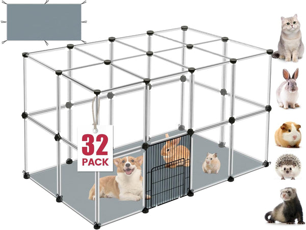 32 Panels Small Animal Playpen, 48" x 32" x 24" Transparent Playpen