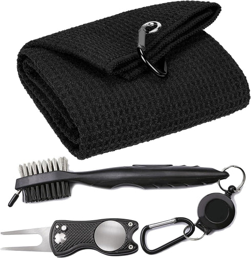 VIVIDLY Microfiber Waffle Pattern Tri-fold Golf Towel - Black Golf Towel Set with Club Brush and Divot Tool