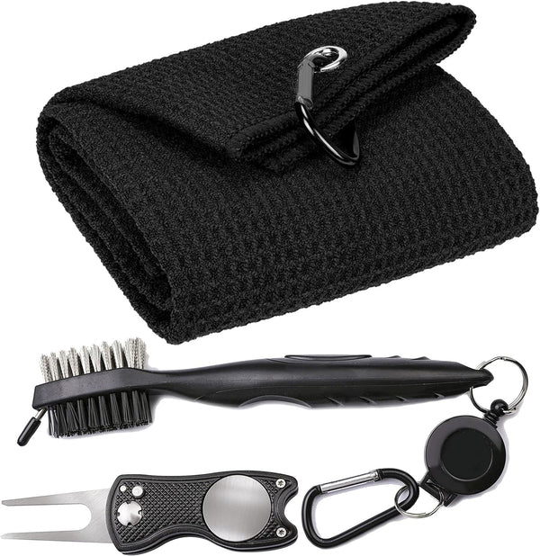 VIVIDLY Microfiber Waffle Pattern Tri-fold Golf Towel - Black Golf Towel Set with Club Brush and Divot Tool