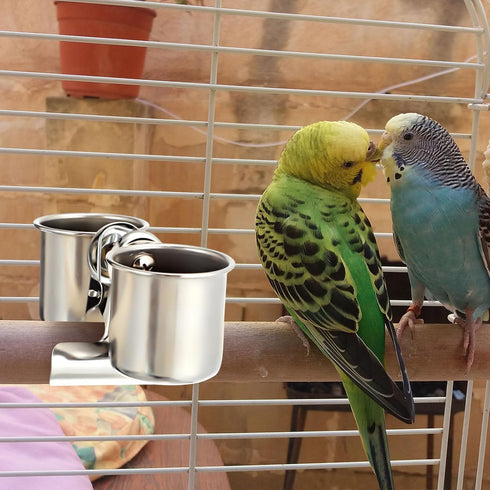 2 Tioncy Pcs Clip on Water Bowl for Birds Parrot Feeding Double Cups Dishes Hanging Stainless Steel Food Water Bowls