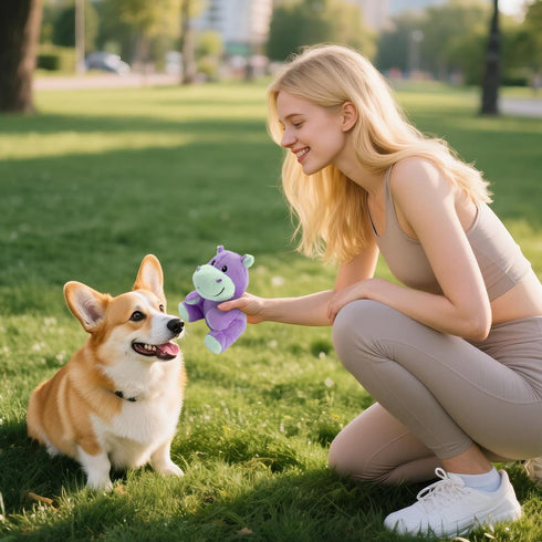 OraneeeO Plush Squeaky Toys for Dogs, Stuffed Hippo Toys with Crinkle to Keep Them Busy, Puppy Teething Toys for Indoor
