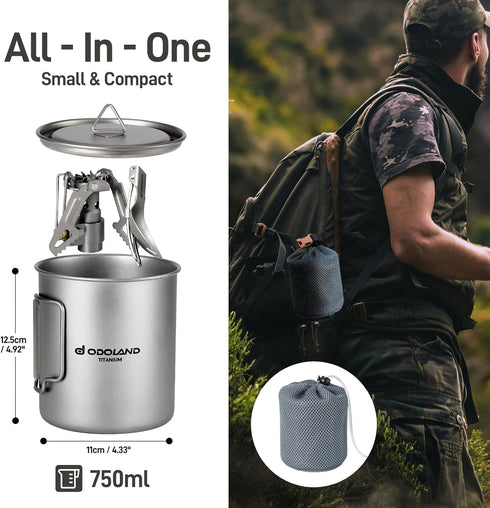 Odoland 750ML Titanium Camping Cookware Pot with Stove and Spork, Portable for Backpacking and Hiking