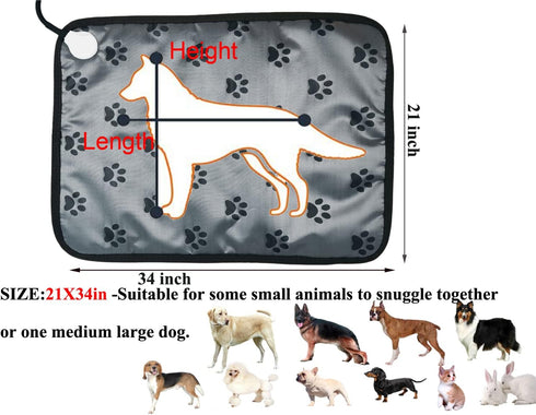 Large Pet Heating Pad 34"x21" for Dogs & Cats, Electric Warming Pad with Timer, Chew Resistant Cord, Easy Clean
