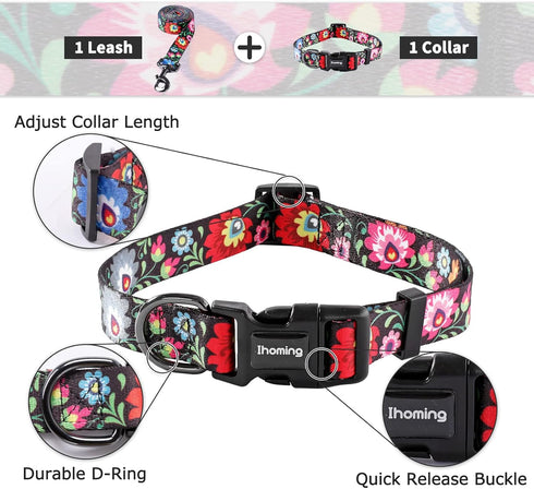 Ihoming Dog Collar and Leash Set for Daily Outdoor Walking, Black Colorful Flowers Design for Small Boys Girls Dogs