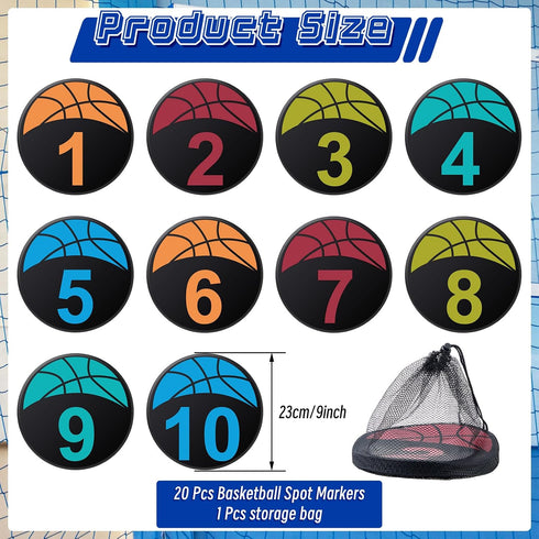 20 9 Inch Qilery Pcs Basketball Training Spots, Anti-Slip Basketball Court Marking Kit, Colorful Markers Floor Spots