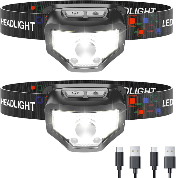 Headlamp Rechargeable, 2-Pack 1200 Lumen Super Bright with White Red LED, 12 Modes, Waterproof for Outdoor Activities