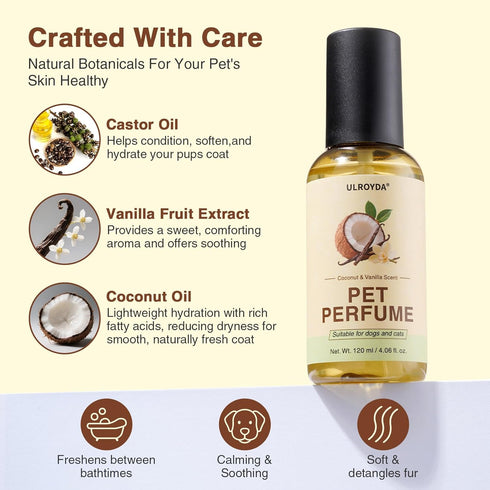 4.06 oz Dog Cologne & Pet Perfume Long-Lasting Coconut & Vanilla Scent | Alcohol-Free Deodorizing Spray for Dogs
