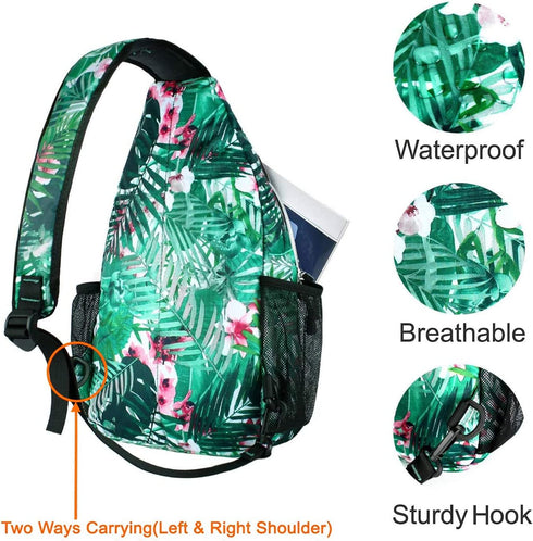 MOSISO Sling Backpack, Travel Hiking Daypack Pattern Rope Crossbody Shoulder Bag, Palm Leaf Flower Design