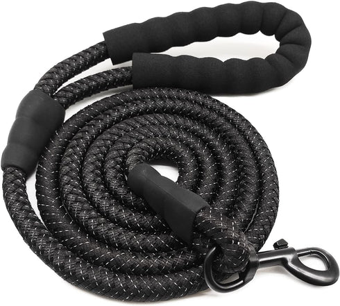 6 FT Black Dog Leash, Strong Rope Heavy Duty with Highly Reflective Threads and Soft Padded Handle for Medium Large