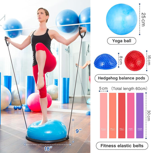 Honoson Set, Half Ball Trainer Yoga Ball with Resistant Band Foot Pump Half Exercise with Fitness Elastic Belt Hedgehog