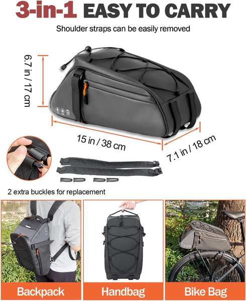 10L Backpack Insulated Rear Bike Rack Bag with Rain Cover, Waterproof Shoulder Saddle bag for Bicycles, Reflective
