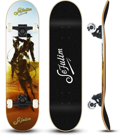 Sefulim Complete Skateboard - 31 x 8 Inch 7 Layer Canadian Maple Double Kick Deck for Boys Girls Teens Adults