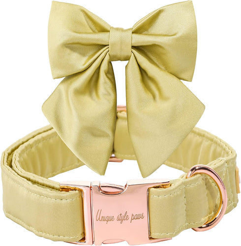 Unique Style Paws Adjustable Silk Dog Collar with Bow for Medium Dogs, Yellow Color, Durable