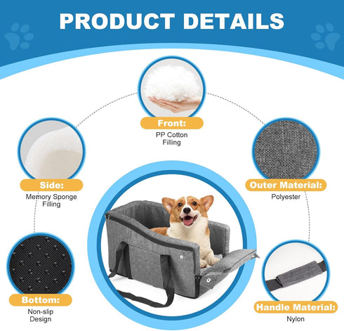 Center Console Dog Car Seat for Small Dogs Up to 12lbs, Portable Middle Console Booster Seat with Adjustable Straps