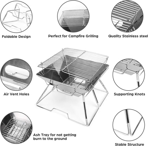 Odoland Folding Campfire Grill - 304 Stainless Steel Grate Barbeque Grill for Picnics and Outdoor Cooking
