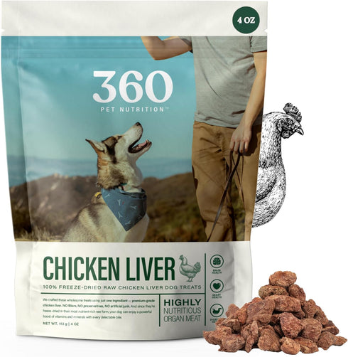 360 Pet Nutrition Freeze-Dried Raw Chicken Liver Dog or Cat Treats, High Protein, Grain-Free, 4 oz (Chicken Liver)