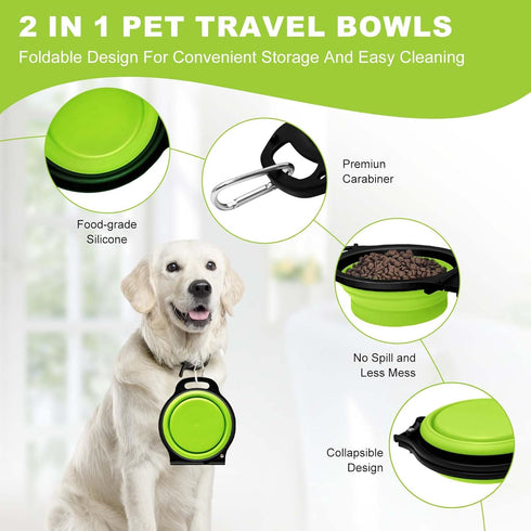 Collapsible Silicone Cat and Dog Travel Bowls, 2 in 1 Foldable Pet Feeding and Watering Dish with Carabiner (Green)
